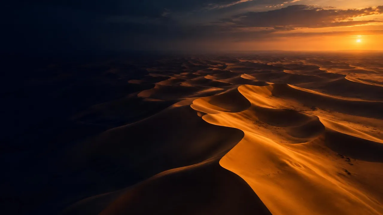 Aerial view of rolling desert sand dunes at dusk with the sun low on the horizon